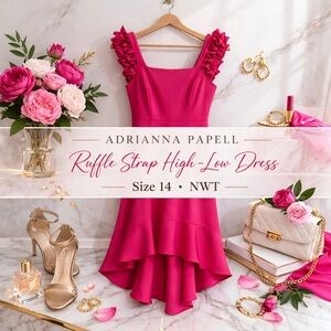 Adrianna Papell Satin Crepe High-Low Ruffle Strap Dress Pink Lotus Size 14 NWT